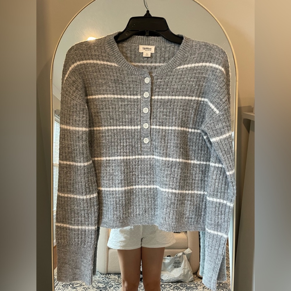 UpWest Gray and White Striped Crew Neck Sweater